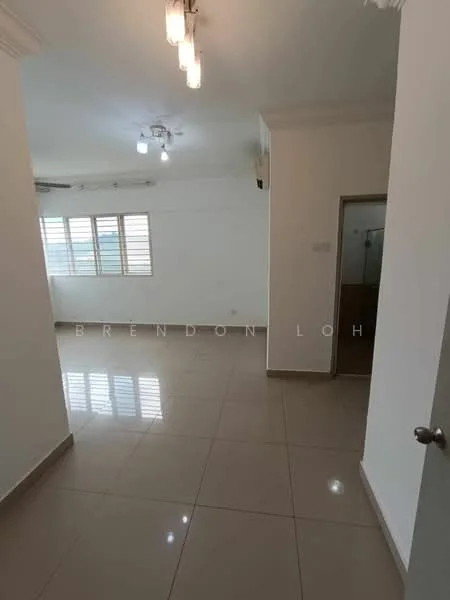 Room features: white painted walls, glossy ceramic tile flooring, recessed downlights, ceiling fan, large windows with horizontal slats, air conditioning unit, neutral color scheme, open layout; style: modern.