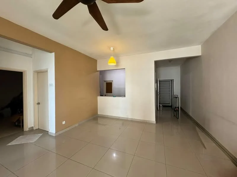 Living features: cream painted walls, light brown accent wall, polished ceramic tile flooring, 5-blade ceiling fan, pendant light fixture, open layout, doorway leading to another room, window with natural light; style: modern. Room features: doorway, wall with no visible features.