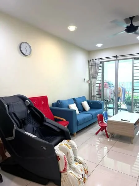 Living features: light grey painted walls, white ceiling, recessed downlights, 5-blade ceiling fan, large sliding glass door, floor-to-ceiling windows, beige sofa, red plastic chair, coffee table, decorative throw pillows, wall clock, massage chair, curtains, tile flooring; style: modern; view: city.
