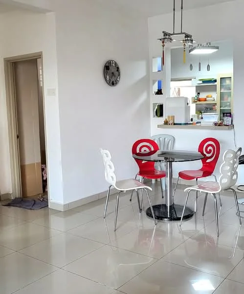 Dining features: round dining table with black top, 4 dining chairs with red and white design, white painted walls, glossy tile flooring, wall clock, open kitchen view, recessed ceiling lights; style: modern. Room features: doorway leading to another room, neutral wall color, flooring consistent with dining area.