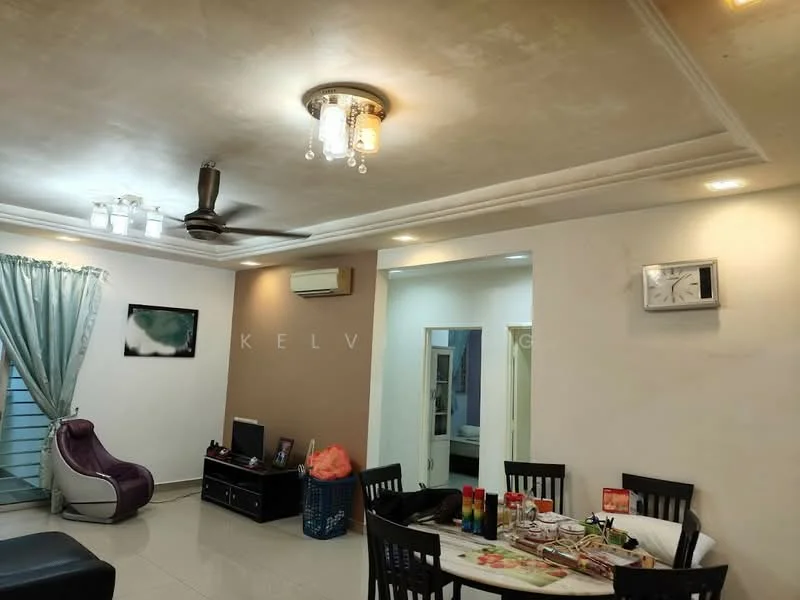 Living features: white painted walls, cream painted accent wall, polished tile flooring, tray ceiling with recessed downlights, chandelier, 5-blade ceiling fan, floor-to-ceiling window with sheer curtains, black TV console, wall-mounted TV, dining table with black chairs, decorative wall clock, decorative artwork, air conditioning unit; style: modern.