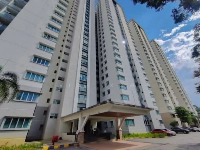 Exterior type: high-rise condominium; features: white painted facade, glass windows, covered entrance with awning, multiple storeys, landscaped entrance area, parking area visible, surrounded by greenery; style: modern.