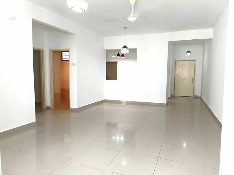 Living features: white painted walls, glossy ceramic tile flooring, recessed downlights, pendant lights, ceiling fan, open layout, doorway leading to other rooms, large windows, neutral color scheme; style: modern.
