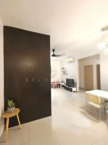 Room features: white painted walls, grey accent wall, glossy tile flooring, ceiling fan, recessed downlights, dining table with chairs, TV console, wall-mounted TV, decorative plant, open layout; style: modern.