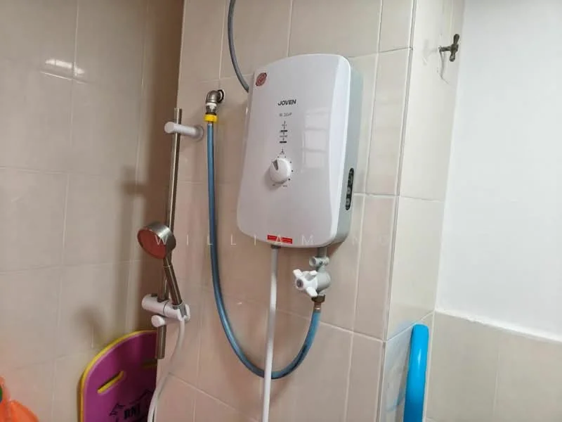Bathroom features: white tiled walls, shower head, handheld shower, water heater, chrome faucet, shower hose, tiled flooring, shower wall, safety grab bar.