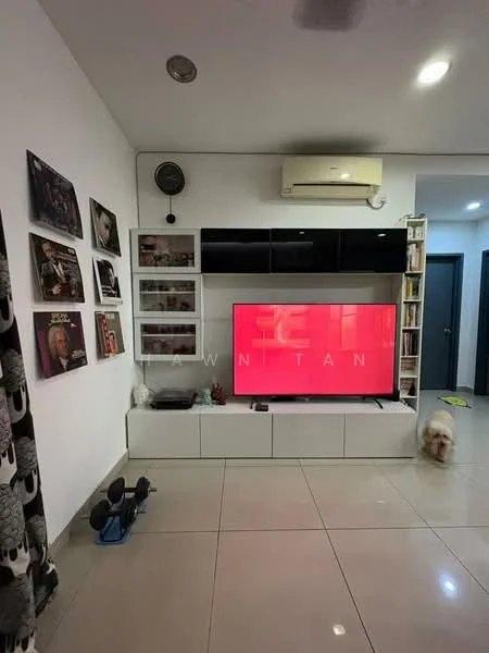 Living features: white painted walls, glossy tile flooring, built-in TV console, wall-mounted TV, shelves with decorative items, air conditioning unit, recessed ceiling lights, decorative artwork on walls, exercise weights, open doorway leading to another room; style: modern.