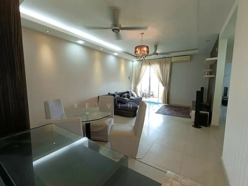 Living features: cream painted walls, recessed downlights, 5-blade ceiling fan with light, sofa in dark grey, coffee table, area rug with geometric pattern, TV console, wall-mounted TV, curtains, tile flooring, decorative wall shelf, decorative mirror; style: modern.