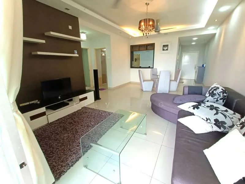 Living features: 3-seater fabric sofa in dark brown, 2-seater fabric sofa with floral pattern, glass coffee table, TV console with storage, wall-mounted TV, decorative wall shelves, area rug with geometric pattern, recessed downlights, ceiling fan, large window with sheer curtains; style: modern. Dining features: 4-seater dining table, upholstered dining chairs, open layout to living area; style: modern.