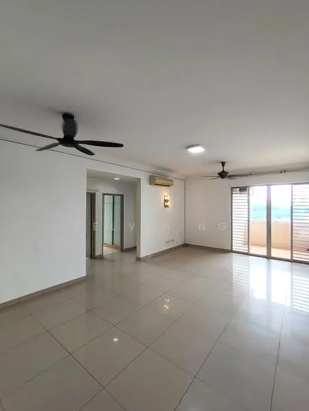 Living features: white painted walls, glossy ceramic tile flooring, 2 ceiling fans, recessed downlights, floor-to-ceiling windows, sliding glass door, balcony access, air conditioning unit; style: modern; view: city. Room features: white painted walls, glossy ceramic tile flooring, glass door, air conditioning unit.