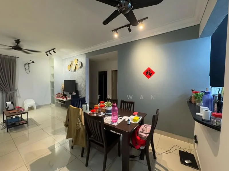 Dining features: dining table with four chairs, grey accent wall, light-colored floor tiles, ceiling fan, wall-mounted TV, decorative wall art, curtains, open shelving unit, table with various items, kitchen counter visible; style: modern. Living features: sofa, coffee table, TV console, decorative items on shelves; style: modern.
