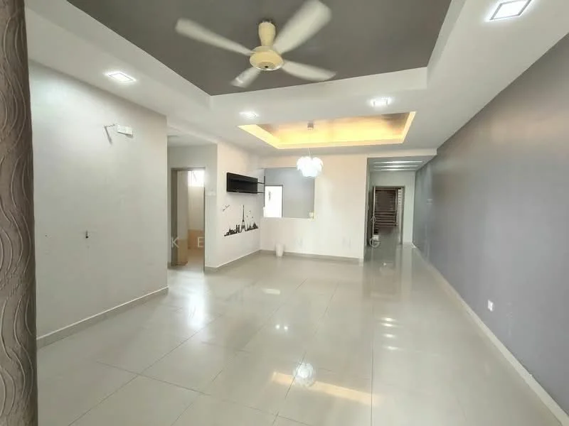 Living features: white painted walls, grey accent wall, polished ceramic tile flooring, tray ceiling with recessed lighting, 5-blade ceiling fan with light, wall-mounted TV, open layout to kitchen, natural light from windows, decorative light fixture; style: modern. Kitchen features: open kitchen layout, kitchen island, wall-mounted cabinets, countertop space, stainless-steel appliances; style: modern.