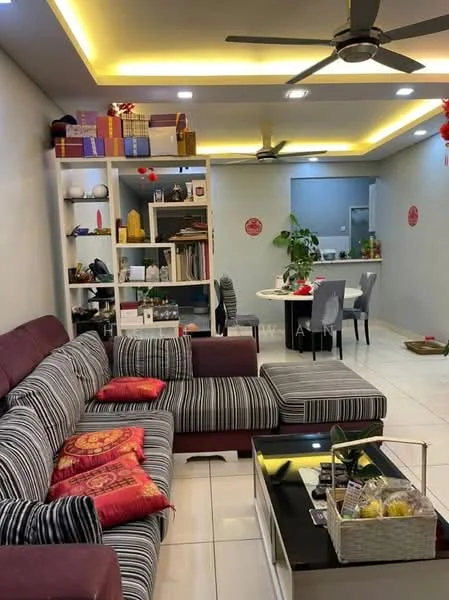 Living features: striped fabric sofa, red and orange decorative cushions, glass coffee table, white shelving unit, decorative items on shelves, recessed LED lighting, ceiling fan, white tiled flooring, wall-mounted decorations, open layout to dining area; style: modern. Dining features: round dining table, grey upholstered dining chairs, green potted plant, open kitchen view, white walls; style: modern.