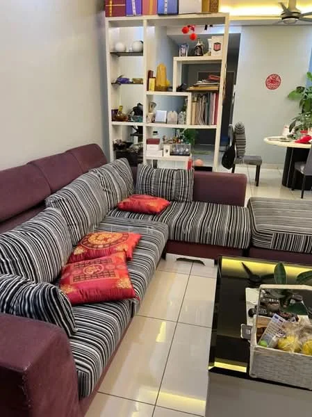 Living features: L-shape sectional sofa with striped fabric, red and gold decorative cushions, glass coffee table, white tiled flooring, wall-mounted shelving unit, decorative items on shelves, potted plants, recessed ceiling lights, dining area visible in background, neutral painted walls; style: modern.