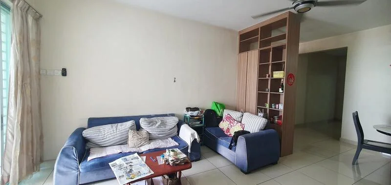 Living features: 2-seater fabric sofa in blue, 3-seater fabric sofa in grey, wooden coffee table, wall-mounted ceiling fan, cream painted walls, glossy ceramic tile flooring, built-in shelving unit, floor-to-ceiling windows with sheer curtains; style: modern.