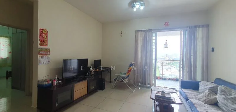 Living features: light grey tiled flooring, cream painted walls, sofa in blue fabric, coffee table, TV console, wall-mounted TV, floor-to-ceiling windows, curtains, ceiling light fixture, decorative wall art, open balcony view; style: modern; view: city. Room features: light grey tiled flooring, cream painted walls, doorway leading to another room.