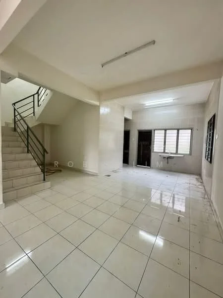 Living features: white painted walls, glossy white tile flooring, recessed ceiling lights, large windows, open layout, staircase with metal railing, neutral color scheme, spacious area; style: modern.
