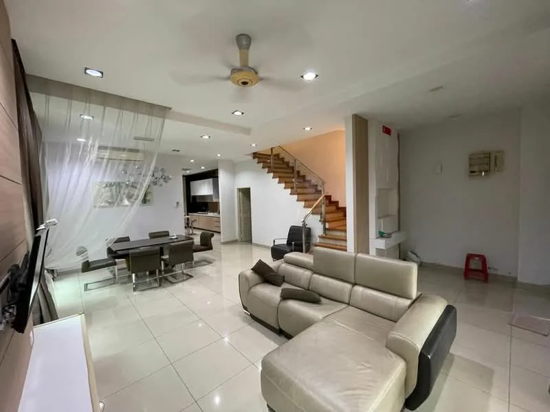 Living features: cream leather sectional sofa, 3-seater sofa, coffee table, wall-mounted TV, TV console, dining table with 6 chairs, ceiling fan, recessed downlights, large windows with sheer curtains, white painted walls, glossy tile flooring, staircase with wooden steps; style: modern.