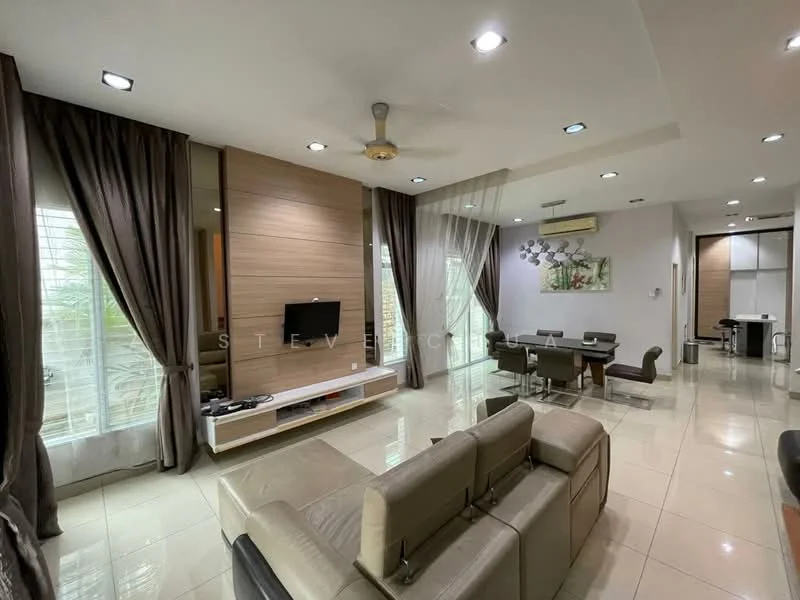 Living features: cream painted walls, glossy tile flooring, 5-blade ceiling fan with light, floor-to-ceiling windows with sheer curtains, wall-mounted TV, white TV console, decorative wall paneling, area rug, sofa in light grey, dining table with chairs, artwork on wall; style: modern; view: garden.