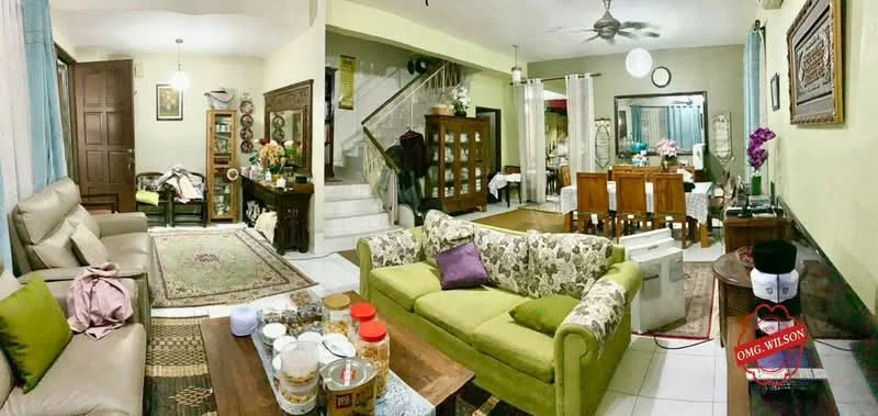 Living features: 3-seater fabric sofa in beige, 2-seater fabric sofa in green, coffee table, area rug with floral pattern, wall-mounted TV, decorative wall art, ceiling fan, recessed downlights, wooden side table, potted plants, display cabinet with glass doors, dining table with 6 chairs, staircase leading to upper floor, curtains on windows; style: traditional.