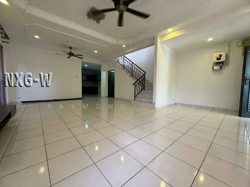 Living features: white painted walls, ceramic tile flooring, 5-blade ceiling fan, recessed downlights, large windows, open layout, staircase in background, wall-mounted air conditioning unit; style: modern.