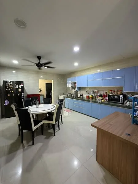 Kitchen features: blue cabinetry, wooden countertop, stainless-steel fridge, built-in microwave, freestanding range oven, double-bowl stainless-steel sink, chrome pull-down faucet, ceramic tile flooring, 5-blade ceiling fan, recessed LED downlights, dining table with 6 chairs, open shelving, wall-mounted cabinets, tile backsplash; style: modern.