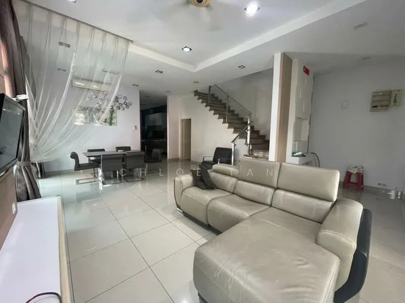 Living features: cream leather sectional sofa, glass coffee table, wall-mounted TV, white TV console, recessed downlights, ceiling fan, large windows with sheer curtains, polished ceramic tile flooring, decorative wall art, open staircase in background; style: modern.