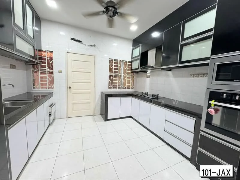 Kitchen features: white cabinets with flat-panel design, black countertops, stainless-steel sink, chrome pull-down faucet, built-in oven, freestanding range oven, stainless-steel microwave, 4-burner gas hob, ceramic tile flooring, white tiled walls, ceiling fan, window with metal grills; style: modern.