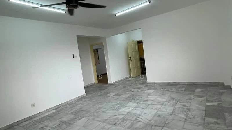 Living features: marble tile flooring, white painted walls, 5-blade ceiling fan, recessed LED downlights, doorway leading to another room, large open space, neutral color scheme, no visible furniture; style: modern. Room features: white painted walls, doorway leading to kitchen, open layout.