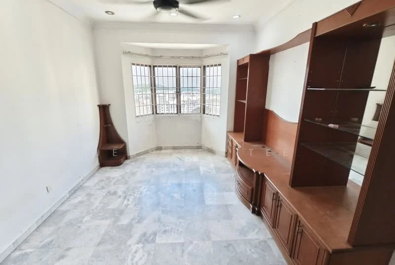 Living features: white painted walls, marble flooring, ceiling fan, built-in wooden shelving unit, large windows, corner window with city view, wooden display cabinet, natural light; style: modern; view: city.