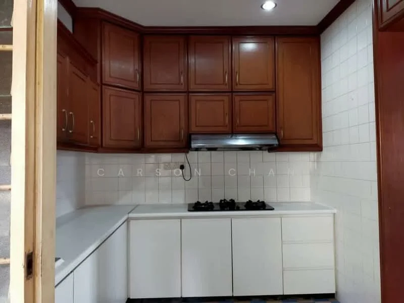 Kitchen features: brown wooden cabinetry, white laminate countertop, white tiled backsplash, built-in gas hob with 2 burners, stainless-steel range hood, under-cabinet lighting, wall-mounted air conditioning unit, tile flooring; style: traditional.