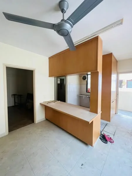 Kitchen features: wooden cabinetry, kitchen island with countertop, white tiled backsplash, single-bowl stainless-steel sink, chrome pull-down faucet, recessed downlights, 5-blade ceiling fan, open layout, tile flooring, neutral wall color; style: modern. Room features: doorway leading to another room, neutral wall color, tile flooring.