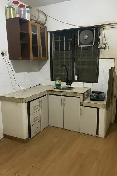 Kitchen features: L-shaped countertop, light-colored laminate countertop, single-bowl stainless-steel sink, black gooseneck faucet, built-in gas stove, upper cabinets with glass doors, lower cabinets with drawers, white tiled backsplash, wooden flooring, window with black grille; style: modern.