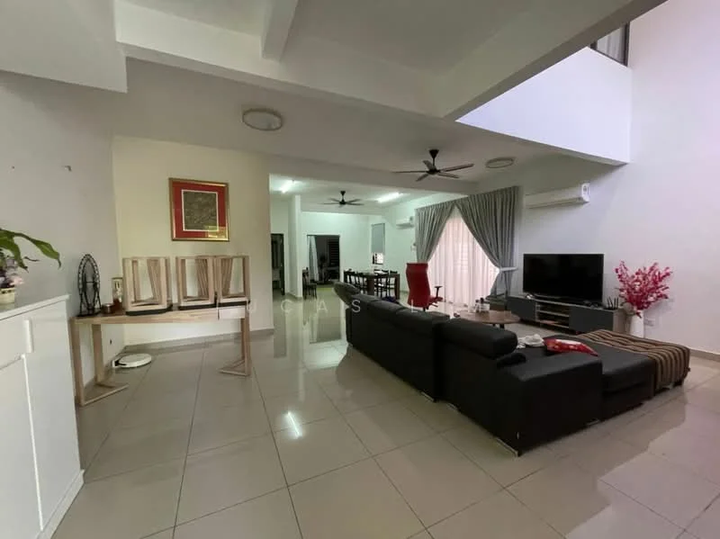 Living features: grey fabric sectional sofa, coffee table, wall-mounted TV, entertainment unit, ceiling fan, recessed downlights, large windows with sheer curtains, decorative plants, area rug, dining area visible in background; style: modern.
