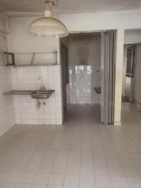 Kitchen features: white tiled walls, white tiled flooring, single-bowl sink, metal wall-mounted shelf, hanging light fixture, open layout, sliding door to adjacent room, window to adjacent room.