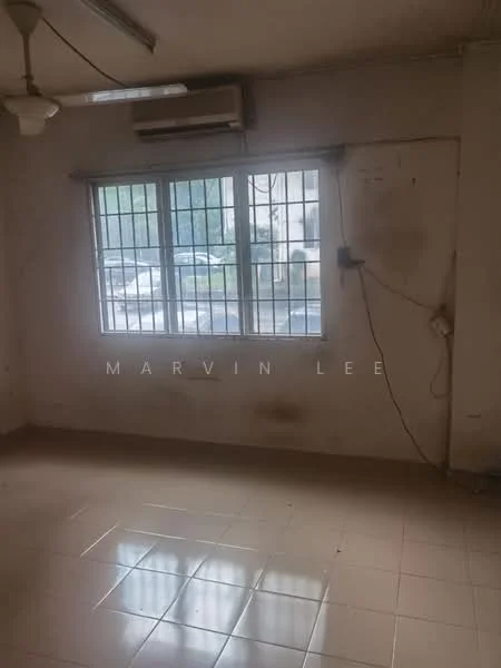 Room features: wall-mounted split AC, floor-to-ceiling windows, white painted walls, tile flooring, ceiling fan, visible electrical outlets.