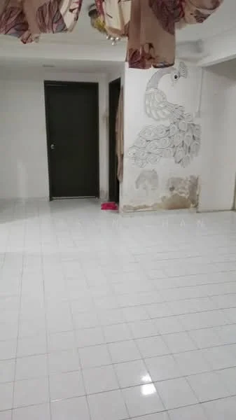 Room features: white painted walls, tile flooring, ceiling with decorative elements, doorway leading to another room, wall with decorative pattern, visible damage on wall, light fixture, curtains.