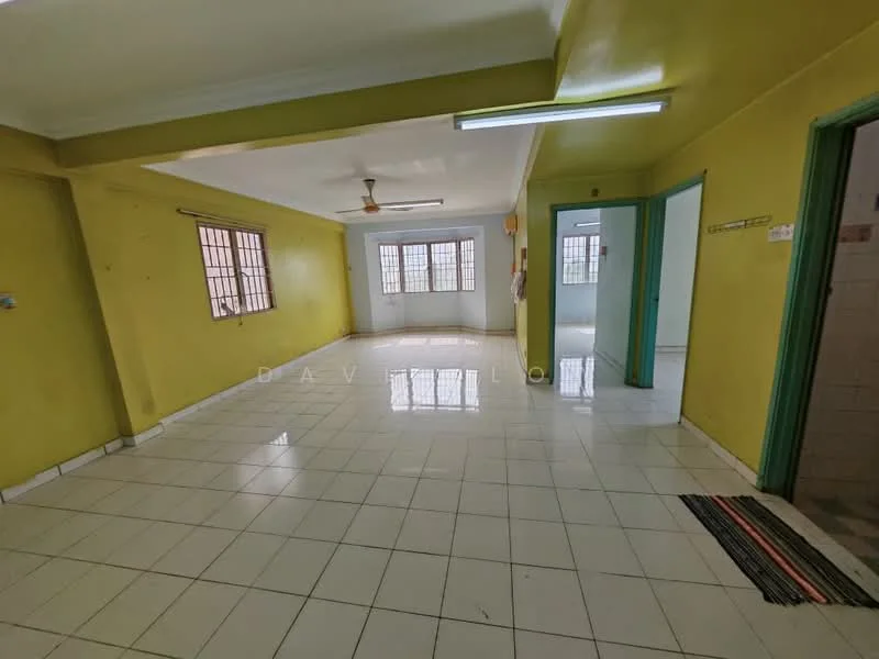Room features: yellow painted walls, white tiled flooring, ceiling fan, multiple windows, doorway leading to another room, light-colored ceiling, corner of the room with a door, visible floor mat.