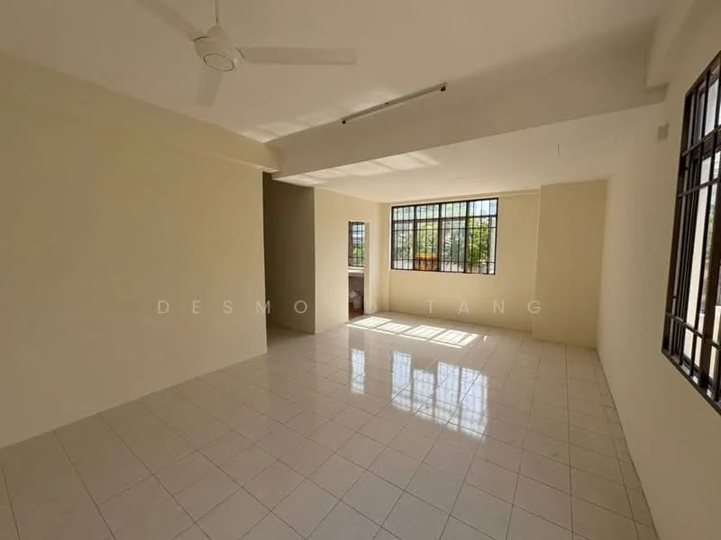 Room features: white painted walls, glossy ceramic tile flooring, ceiling fan, large windows, natural light, open layout, no visible furniture, neutral color scheme; style: minimalist; view: garden.