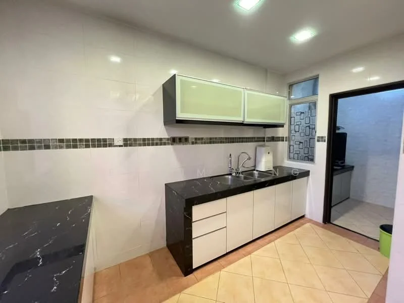 Kitchen features: black marble countertop, white cabinetry with glass-front upper cabinets, stainless-steel sink, chrome pull-down faucet, white tiled walls, cream tiled flooring, backsplash with mosaic tiles, built-in appliances, window with natural light, under-cabinet lighting; style: modern.