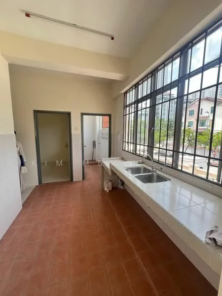 Kitchen features: white tiled countertops, double-bowl stainless-steel sink, chrome pull-down faucet, large windows with metal frames, brown ceramic tile flooring, white painted walls, open layout, utility area with door, natural light from windows; style: modern; view: garden.