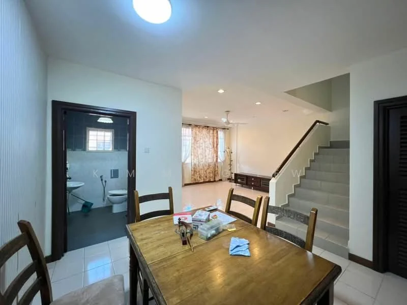 Dining features: wooden dining table, 4 wooden chairs, white tiled flooring, ceiling light, wall with white paint, window with sheer curtains; style: modern. Room features: grey tiled flooring, staircase with grey steps, wall with white paint, ceiling fan, large window with curtain, built-in cabinet. Bathroom features: white tiled walls, white toilet, sink with faucet, mirror above sink.