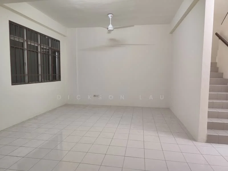 Room features: white painted walls, ceramic tile flooring, ceiling fan, large windows, staircase visible, neutral color scheme, open layout, no visible furniture; style: minimalist.