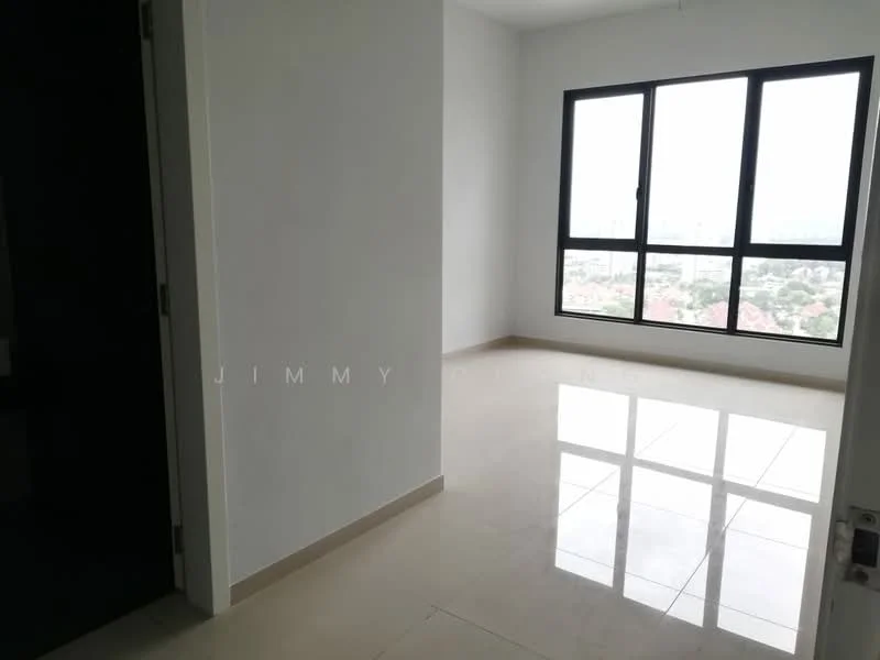 Room features: white painted walls, glossy tile flooring, large floor-to-ceiling windows, city view, neutral color scheme, minimalist design, high ceiling, natural light; style: modern; view: city.