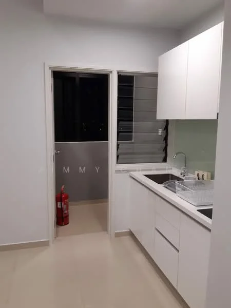 Kitchen features: white cabinetry, single-bowl stainless-steel sink, chrome pull-down faucet, countertop with backsplash, built-in oven, stainless-steel range hood, ceramic tile flooring, window with horizontal blinds, fire extinguisher, door leading to balcony; style: modern.