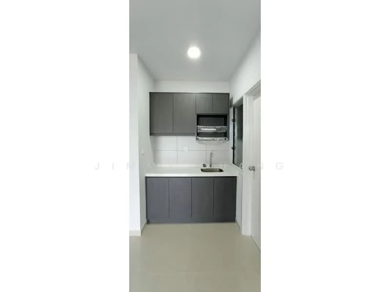 Kitchen features: grey flat-panel cabinets, white countertop, single-bowl stainless-steel sink, chrome pull-down faucet, built-in oven, ceramic tile backsplash, recessed downlights, light-colored tile flooring; style: modern.