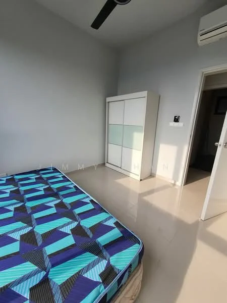 Bedroom features: queen-size bed with patterned mattress, light grey painted walls, glossy tile flooring, built-in wardrobe with sliding doors, 1 wall-mounted split AC, ceiling fan, door leading to hallway; style: modern.
