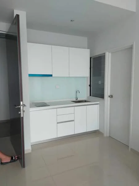 Kitchen features: white cabinetry, single-bowl stainless-steel sink, chrome pull-down faucet, white countertop, built-in stove, tile backsplash, glossy floor tiles, recessed lighting; style: modern.