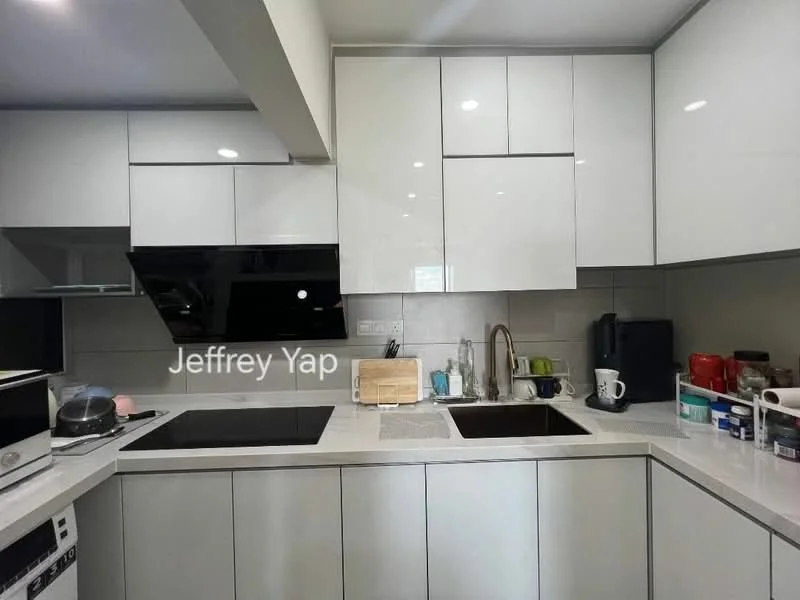 Kitchen features: white glossy cabinetry, grey quartz countertop, double-bowl stainless-steel sink, chrome pull-down faucet, built-in oven, induction cooktop, black glass splashback, recessed downlights, open shelving, microwave, kettle, various kitchen utensils, coffee machine, dishwasher; style: modern.