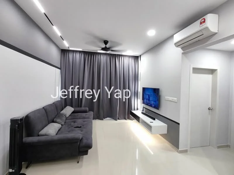 Living features: grey fabric 3-seater sofa, wall-mounted TV, white TV console, recessed LED downlights, ceiling fan, grey curtains, white painted walls, glossy tile flooring, air conditioning unit; style: modern.