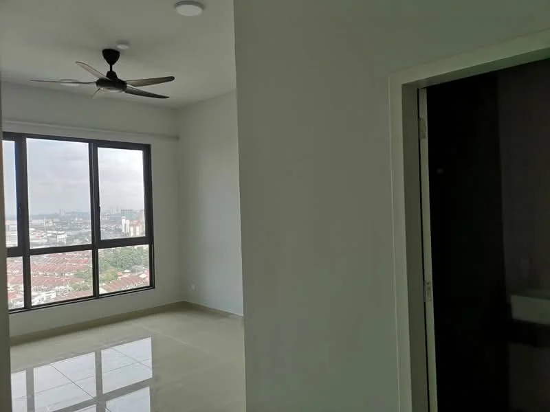 Room features: white painted walls, glossy tile flooring, 5-blade ceiling fan, floor-to-ceiling windows, city view, door leading to another room; style: modern; view: city.